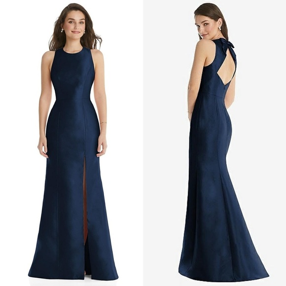 NWT Alfred Sung Jewel Neck Bow Open-Back Trumpet Dress - D824 Size 4 - Picture 1 of 10